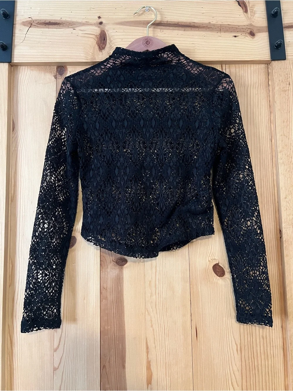 FREE PEOPLE Black Lace Sheer Long-Sleeve Crop Top - Women SIZE S